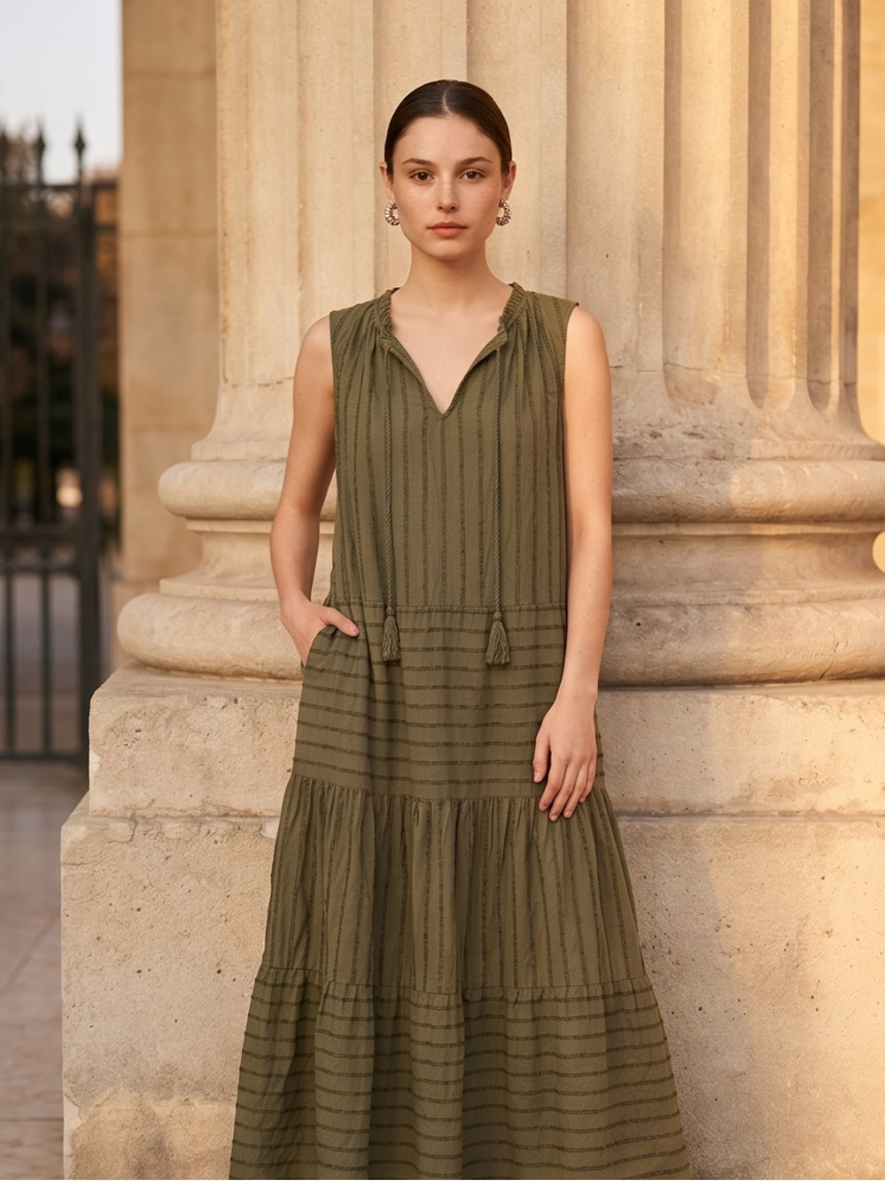 Liz Claiborne Olive Sleeveless Tiered Maxi Dress